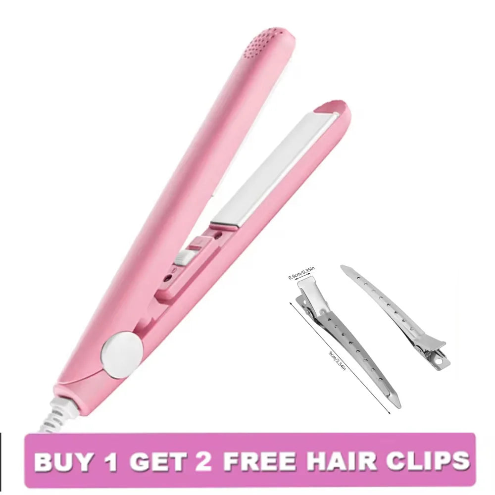 Mini Splint Flat Iron Hair Straightener Curling Wand Curly Ceramic Curler Straight Dual Purpose Hair Styling Tool with Hair Clip