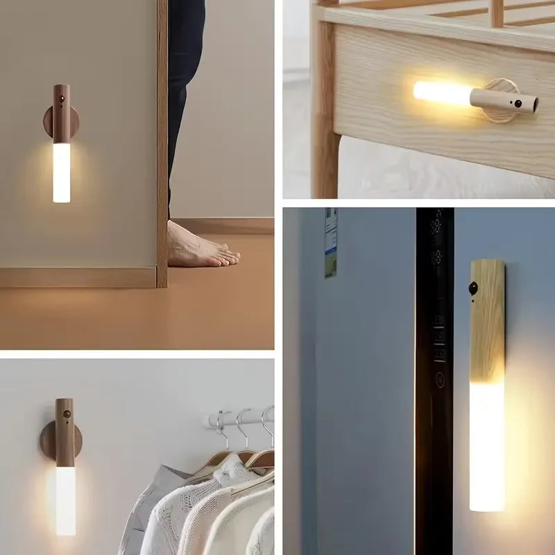 Wood Wall Lamp Kitchen Cabinet Lamp Creative Smart Automatic PIR Motion Sensor LED Rechargeable Magnetic Night Light