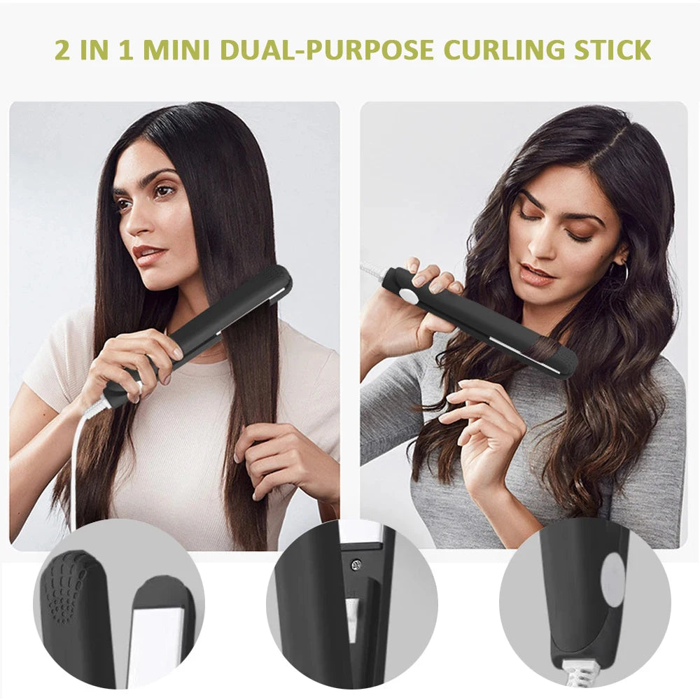 Mini Splint Flat Iron Hair Straightener Curling Wand Curly Ceramic Curler Straight Dual Purpose Hair Styling Tool with Hair Clip